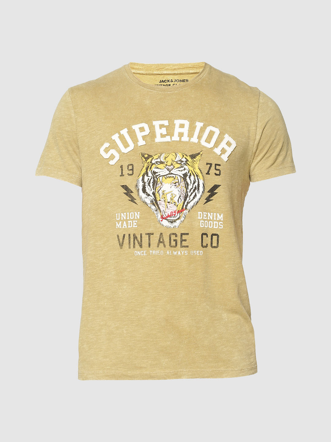 Brown Text And Graphic Print Washed Crew Neck T-Shirt