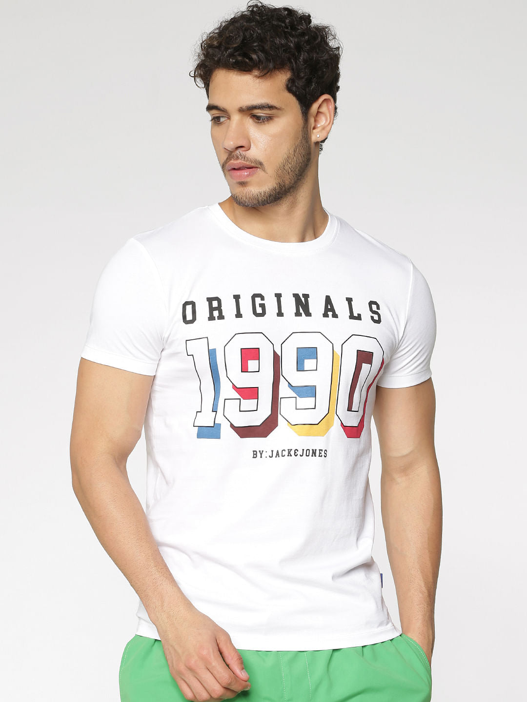 White Printed Slim Fit Crew Neck T-Shirt - S