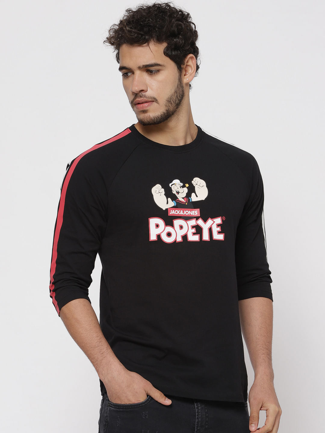 X Popeye Black Popeye Graphic Print Tape Detail Crew Neck T-Shirt