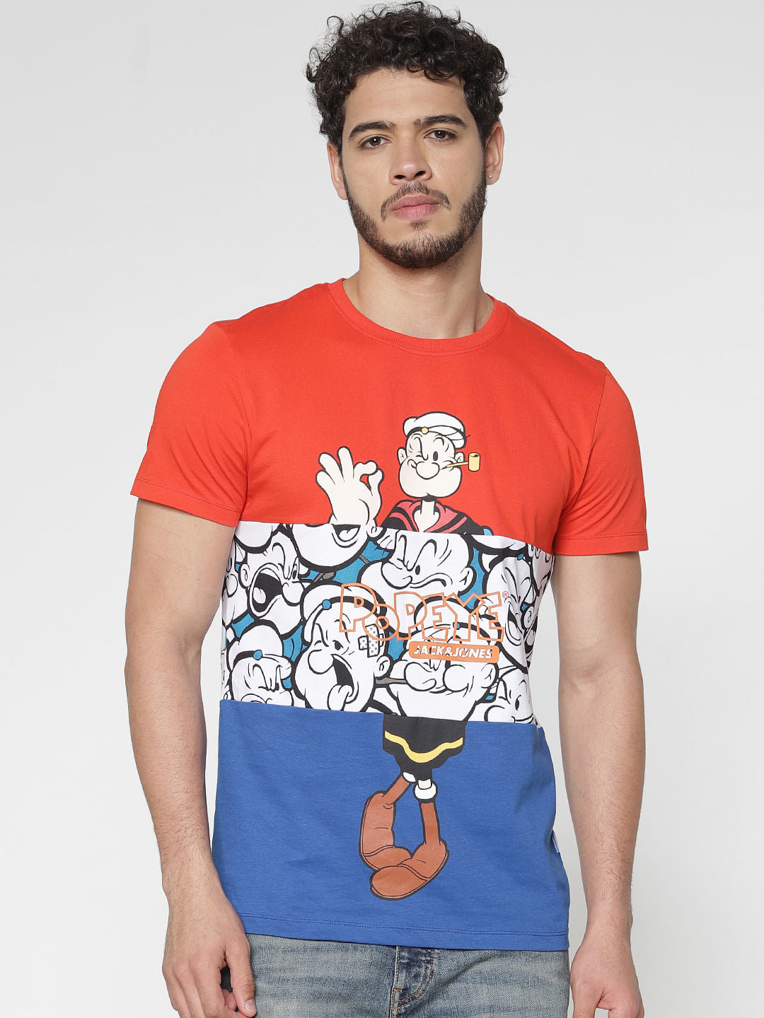 X Popeye Red Colour Blocked Graphic Print Crew Neck T-Shirt - S