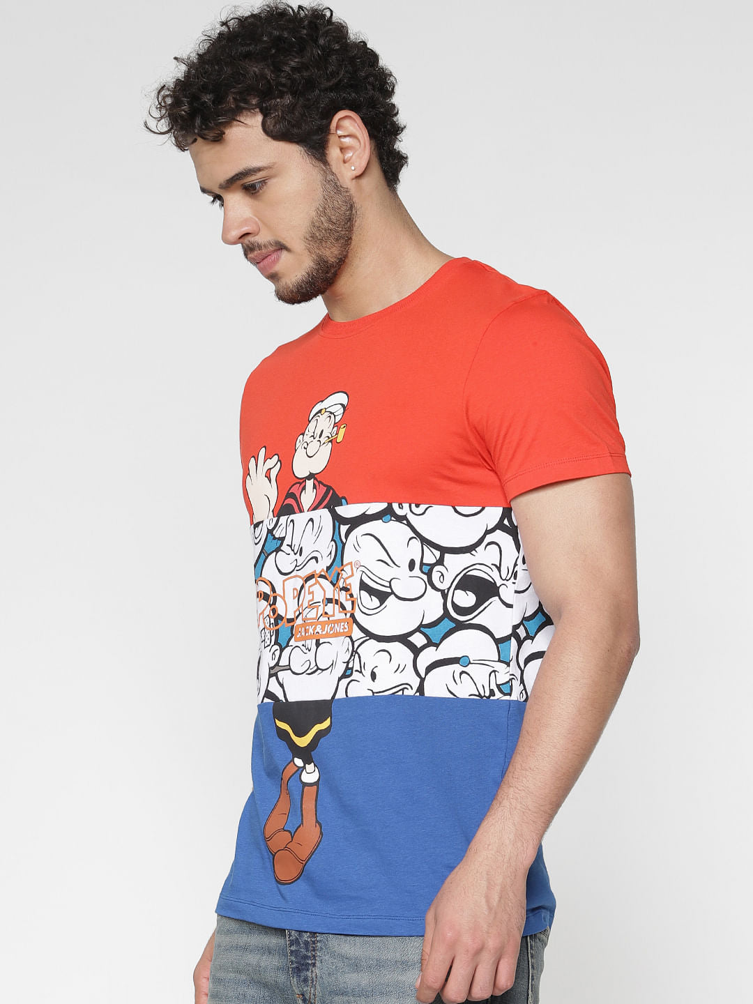 X Popeye Red Colour Blocked Graphic Print Crew Neck T-Shirt