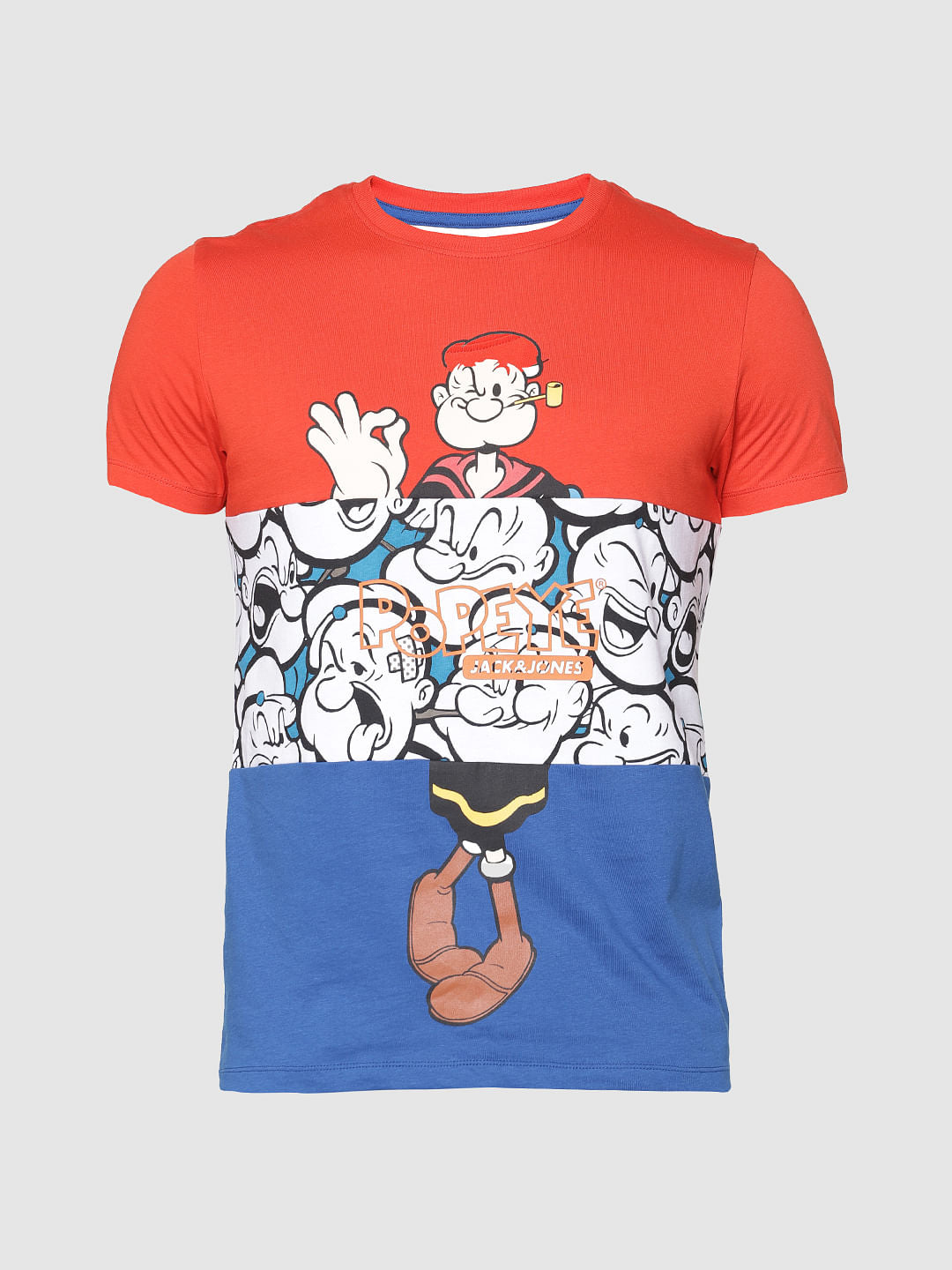 X Popeye Red Colour Blocked Graphic Print Crew Neck T-Shirt