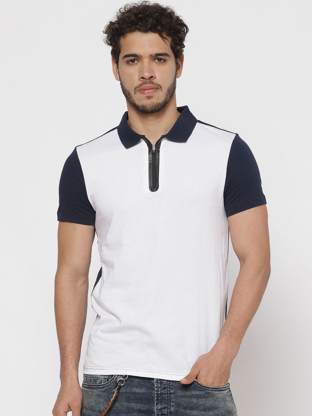 White Colour Blocked Polo Neck T-Shirt - S