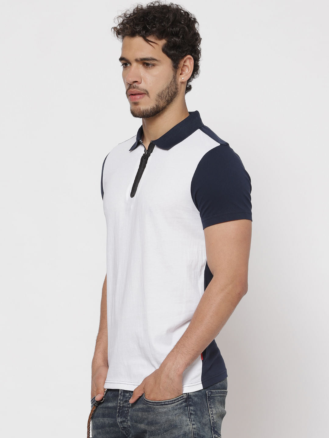 White Colour Blocked Polo Neck T-Shirt