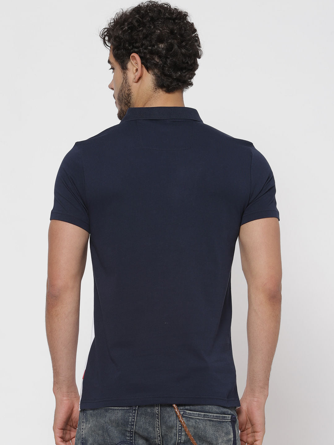 White Colour Blocked Polo Neck T-Shirt