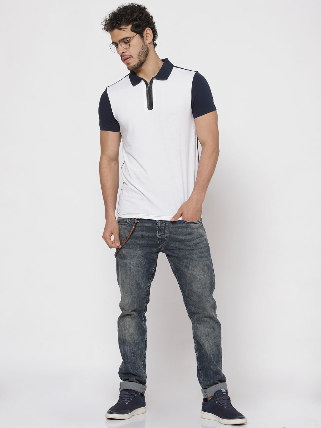 White Colour Blocked Polo Neck T-Shirt