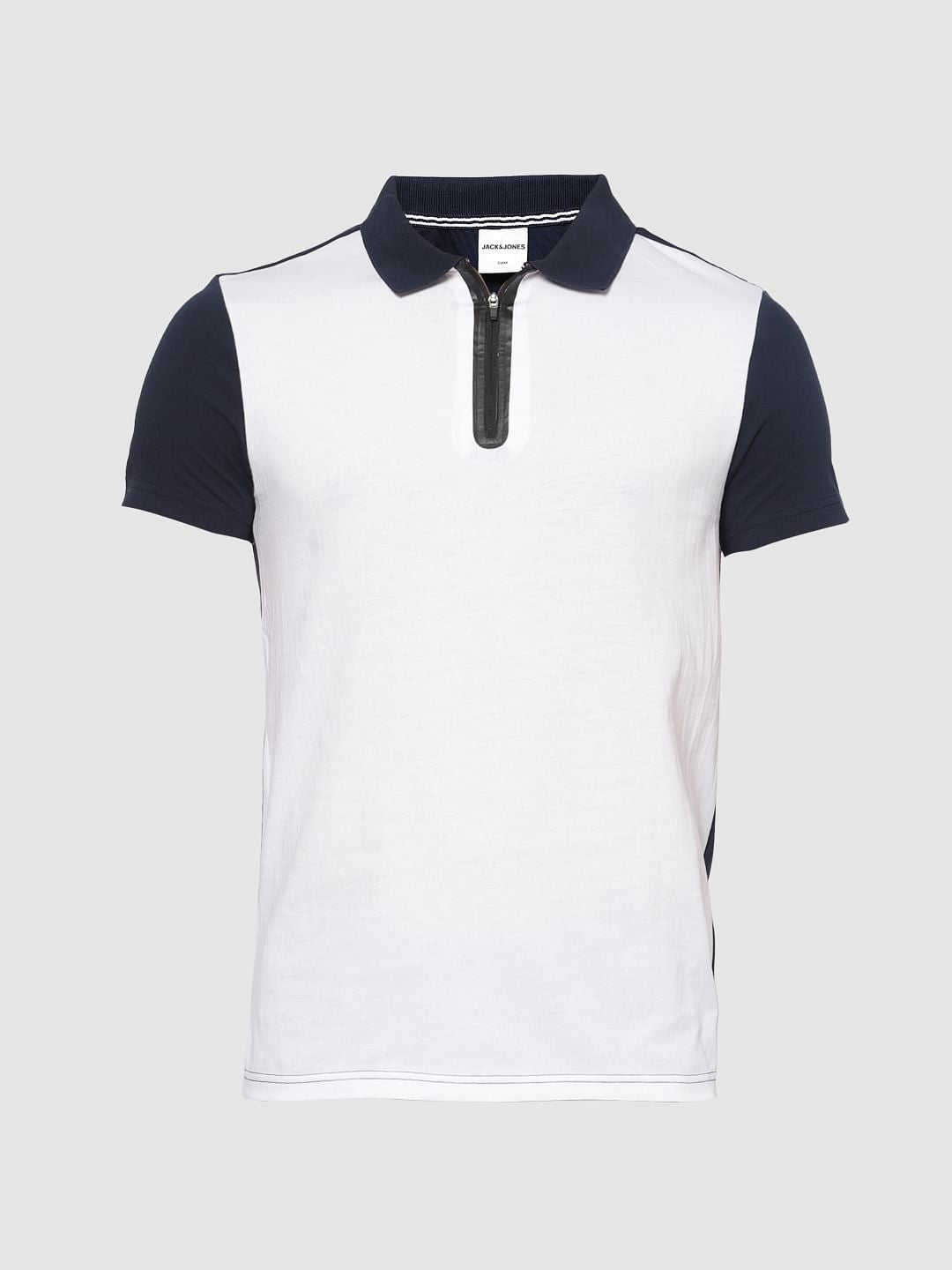 White Colour Blocked Polo Neck T-Shirt