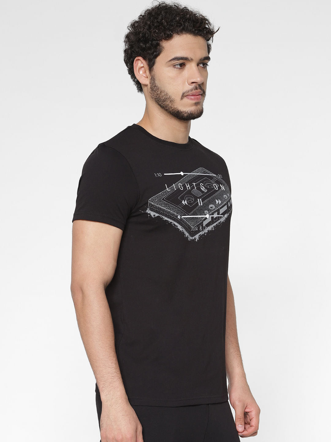 Black Chest Graphic Print Slim Fit Crew Neck T-Shirt