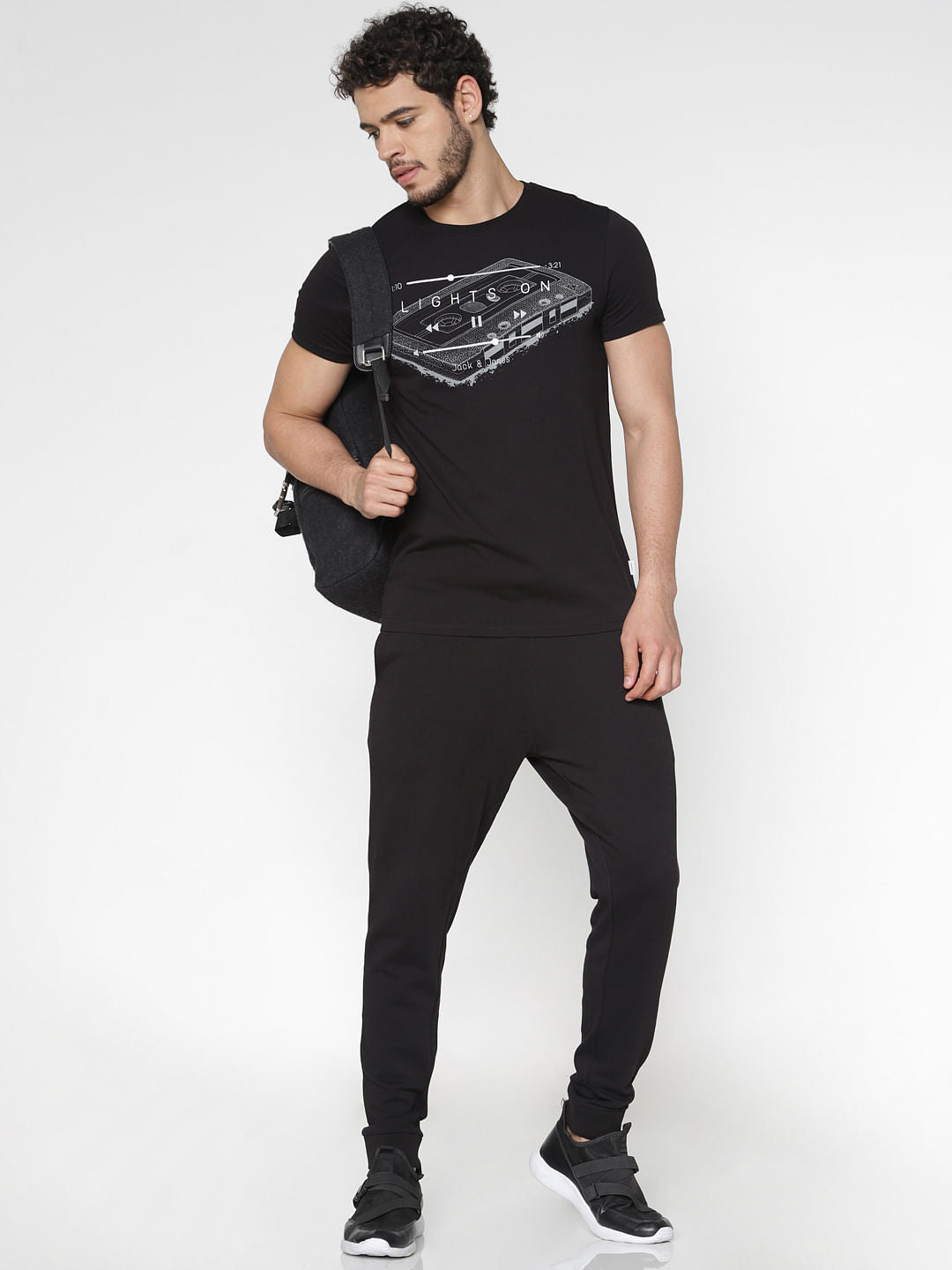 Black Chest Graphic Print Slim Fit Crew Neck T-Shirt