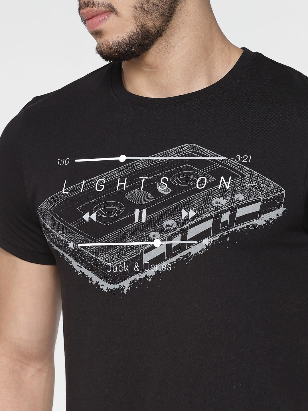 Black Chest Graphic Print Slim Fit Crew Neck T-Shirt