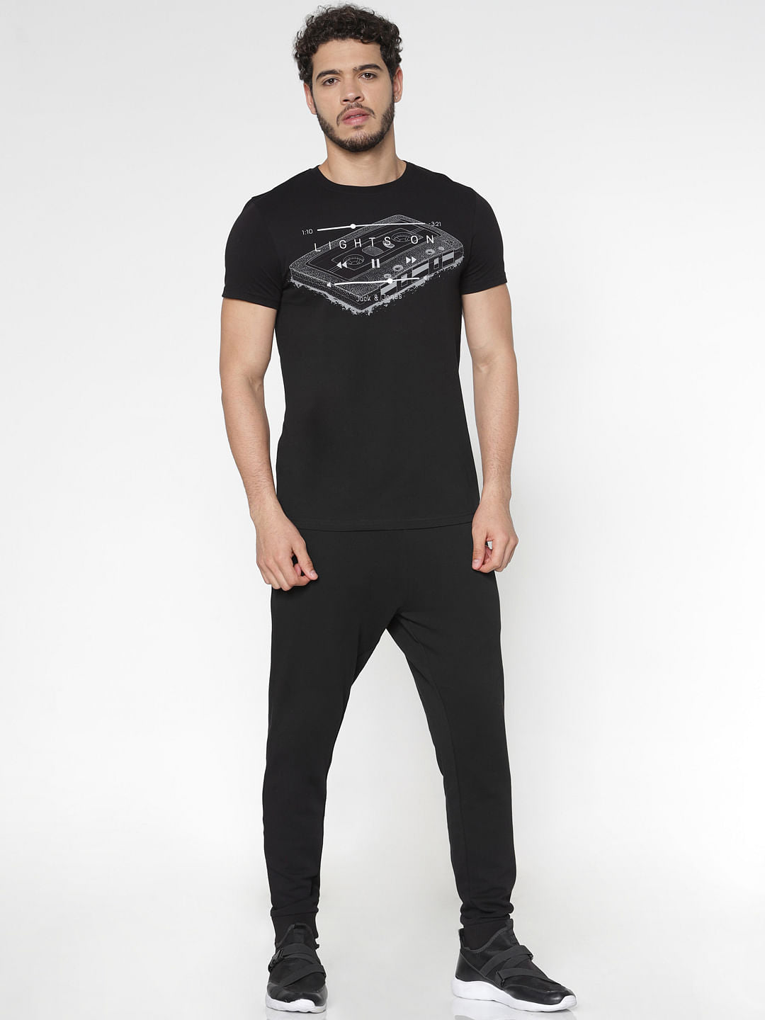 Black Chest Graphic Print Slim Fit Crew Neck T-Shirt