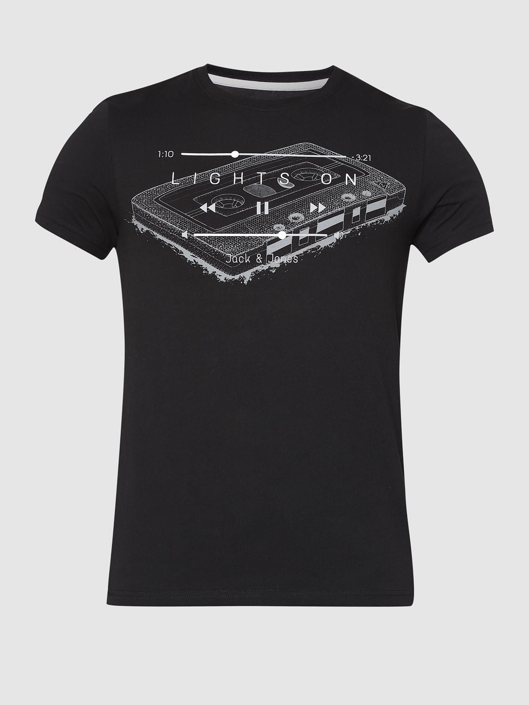 Black Chest Graphic Print Slim Fit Crew Neck T-Shirt