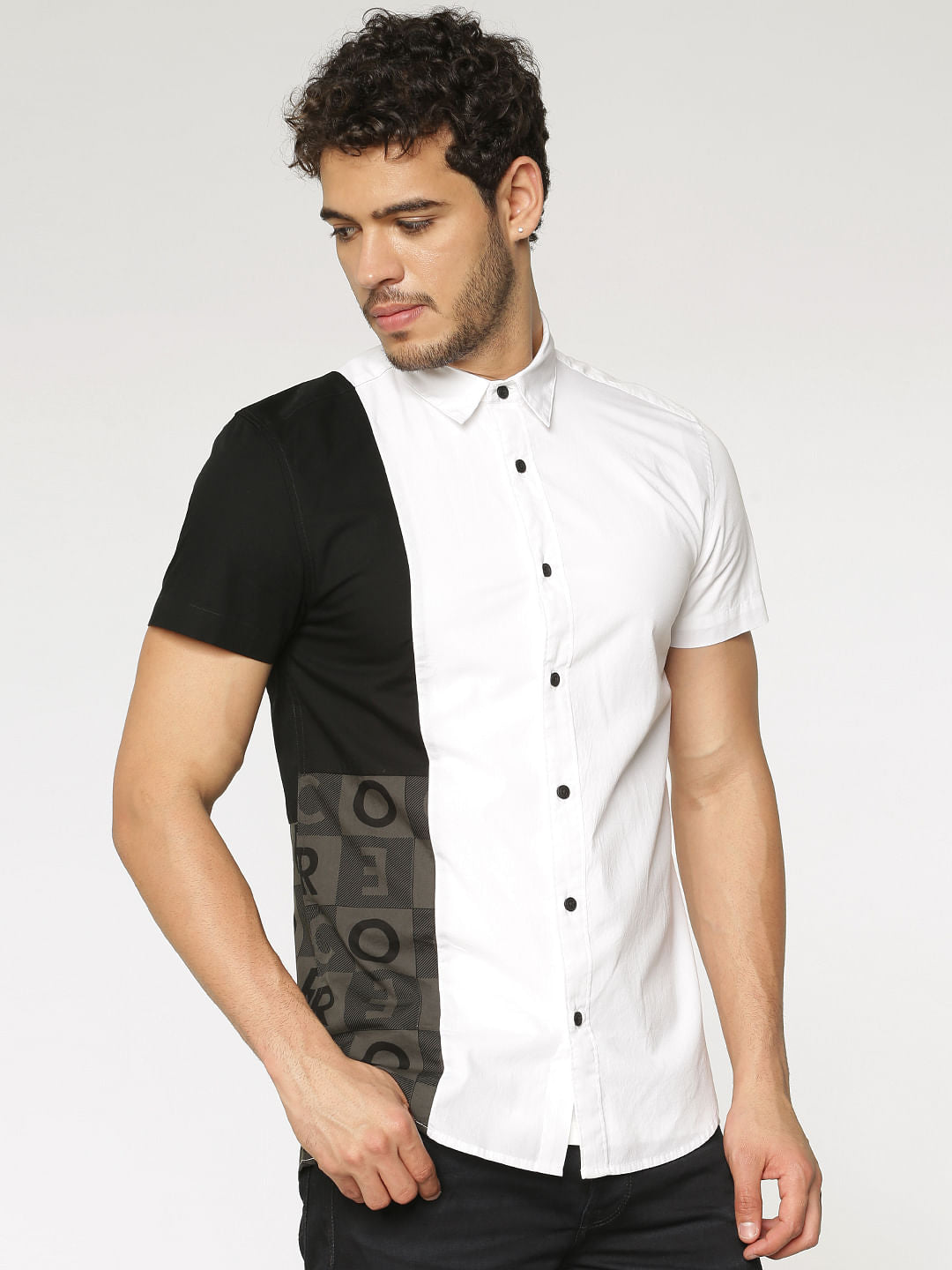 White Colour Blocked Slim Fit Short Sleeves Shirt