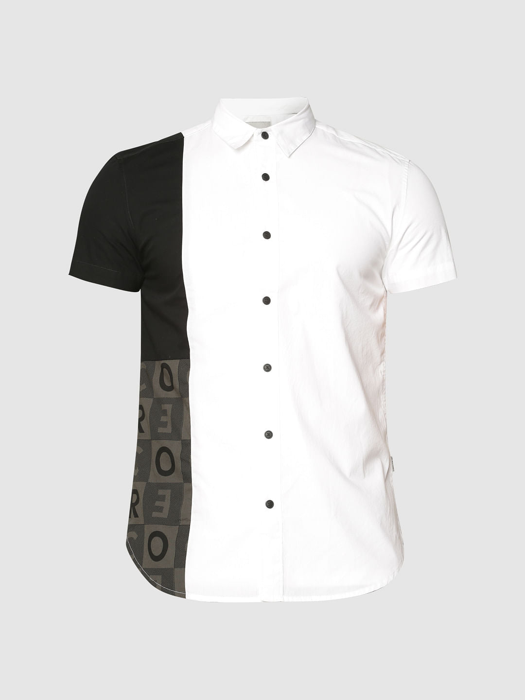 White Colour Blocked Slim Fit Short Sleeves Shirt