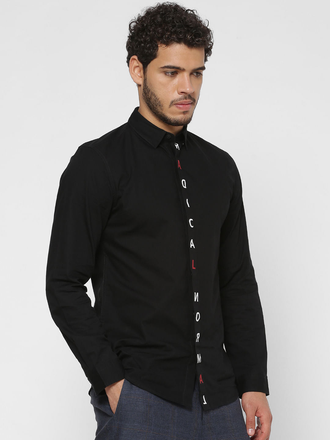 Black Text Printed Button Down Closure Slim Fit Full Sleeves Shirt - S