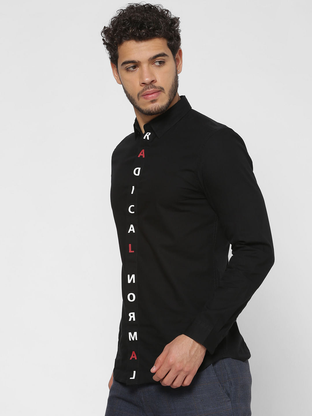 Black Text Printed Button Down Closure Slim Fit Full Sleeves Shirt