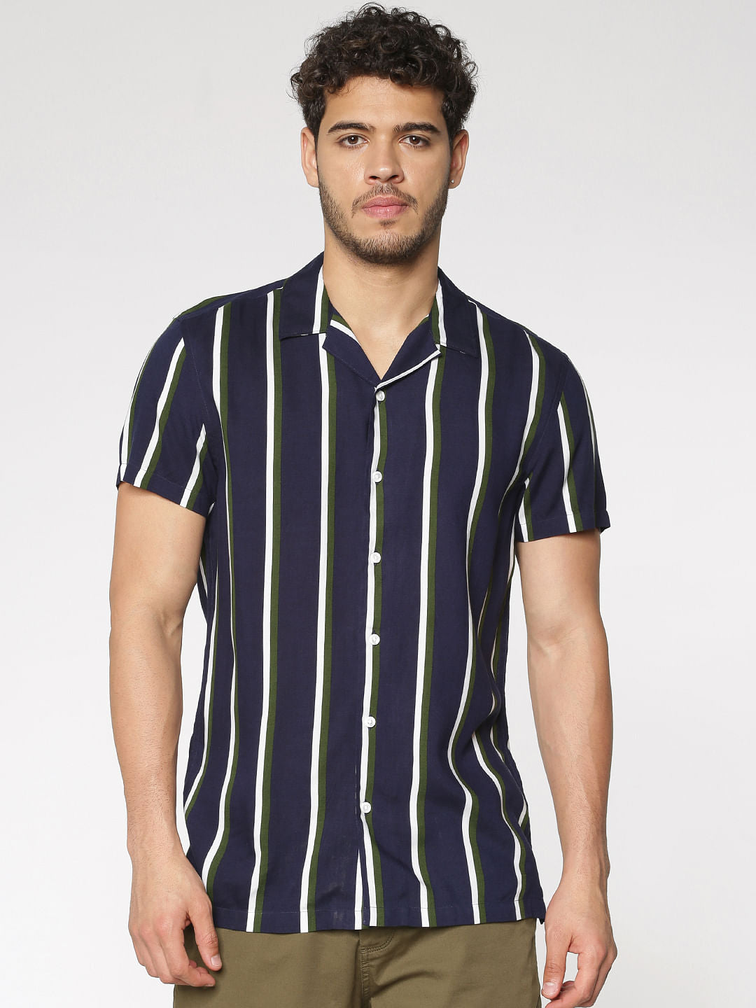 Navy Blue Striped Slim Fit Short Sleeves Shirt - S
