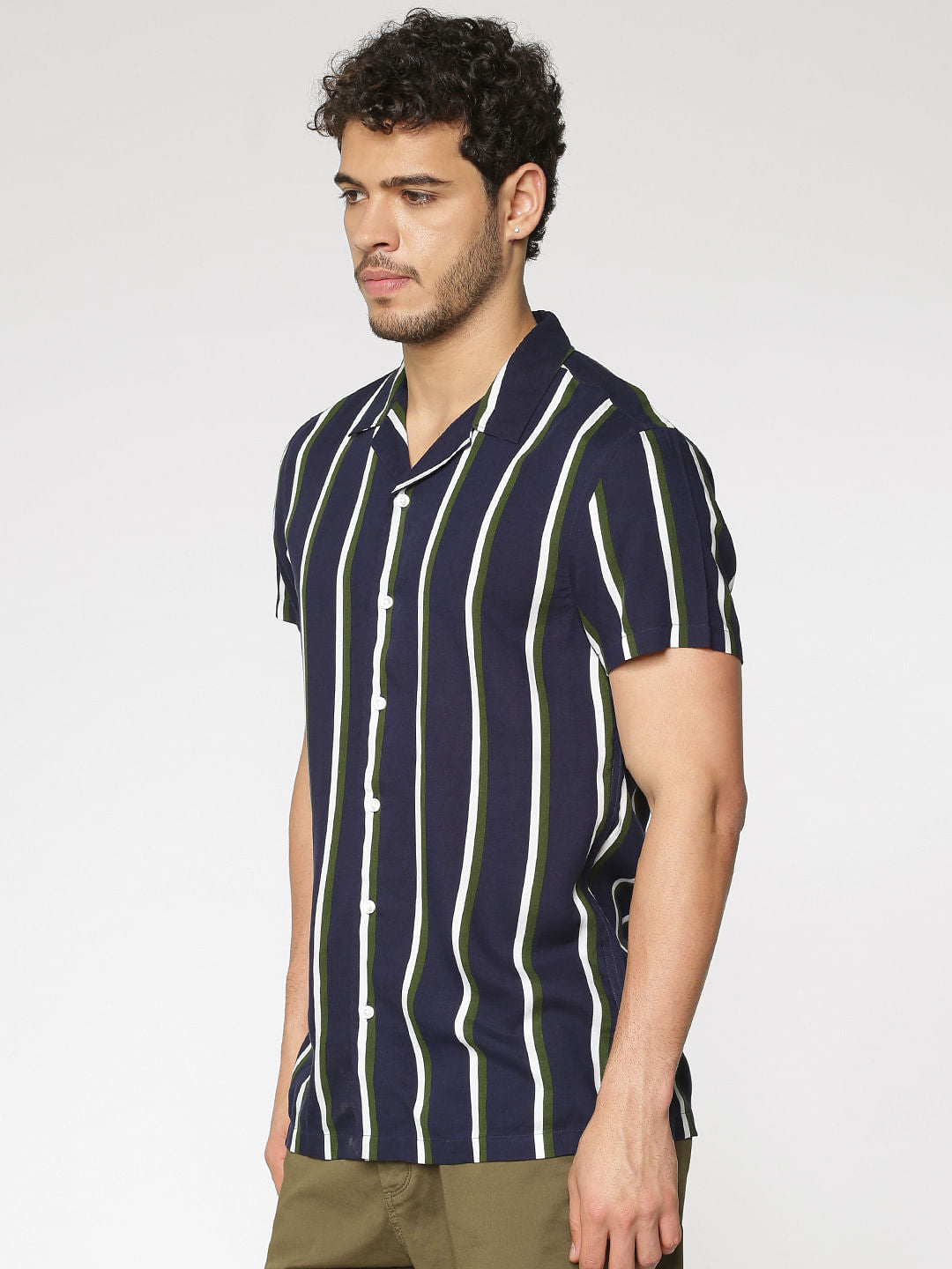 Navy Blue Striped Slim Fit Short Sleeves Shirt