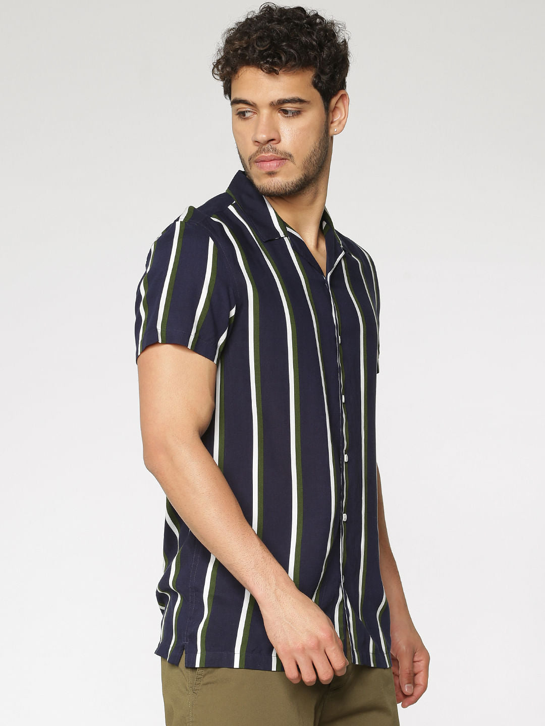 Navy Blue Striped Slim Fit Short Sleeves Shirt
