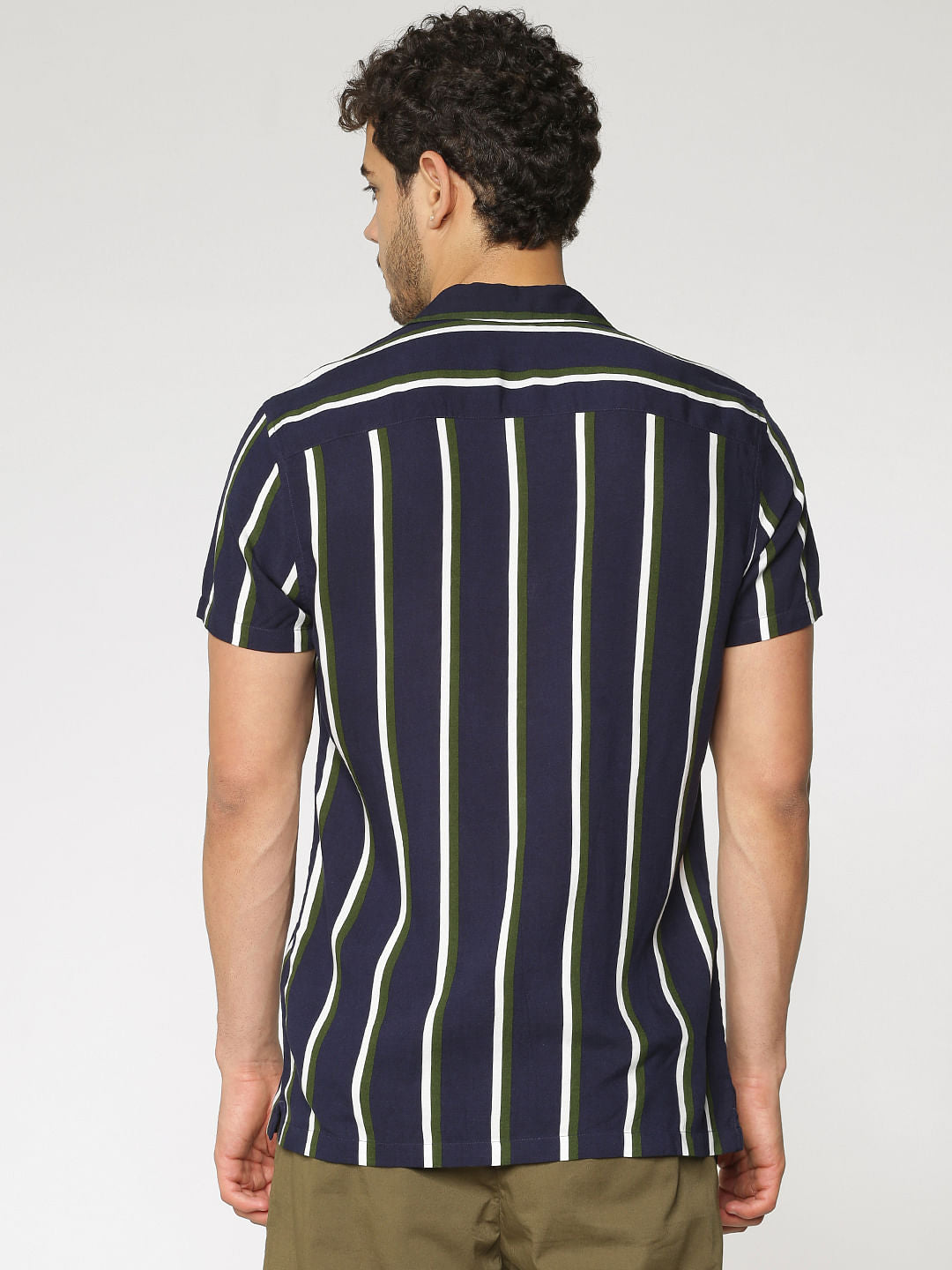 Navy Blue Striped Slim Fit Short Sleeves Shirt