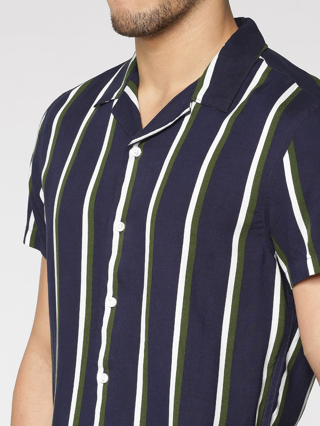 Navy Blue Striped Slim Fit Short Sleeves Shirt