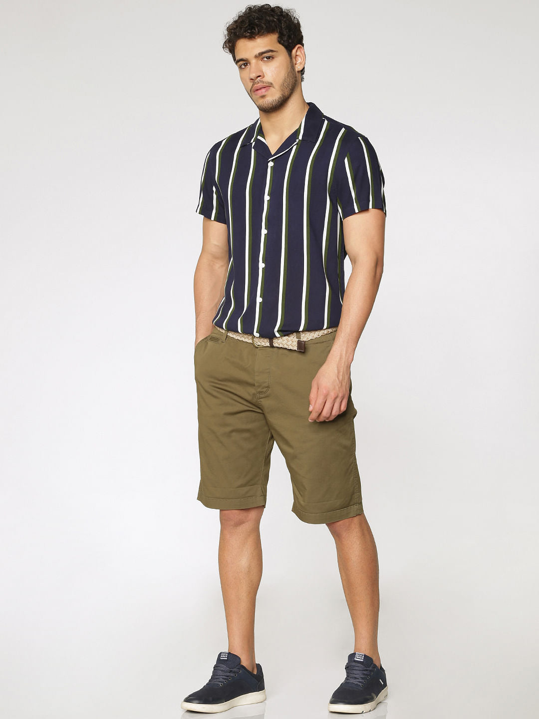 Navy Blue Striped Slim Fit Short Sleeves Shirt