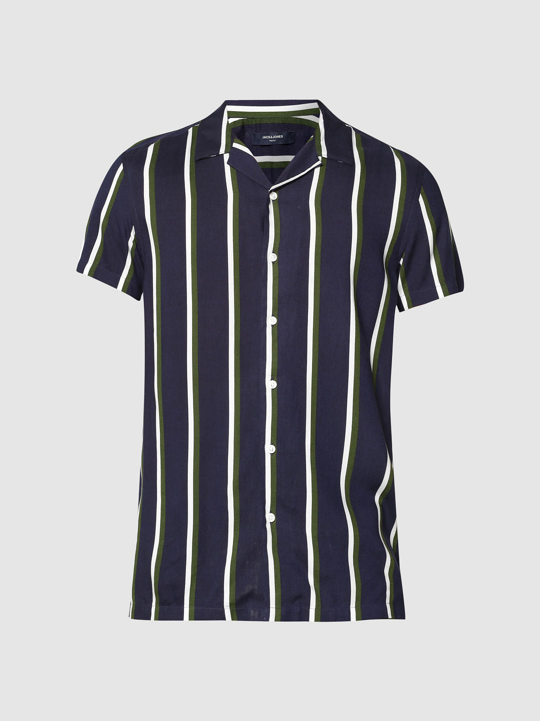 Navy Blue Striped Slim Fit Short Sleeves Shirt