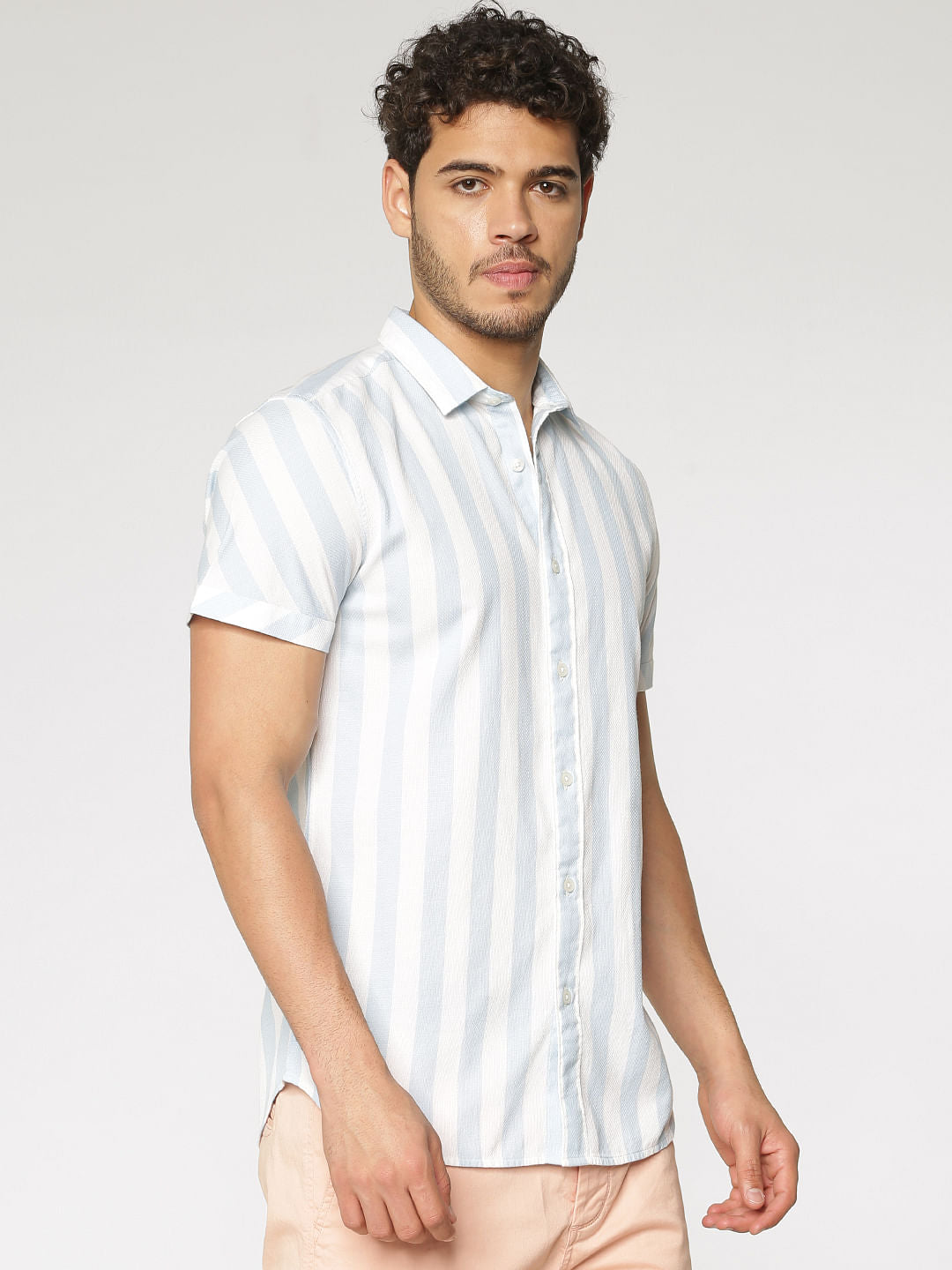 White And Blue Striped Slim Fit Short Sleeves Shirt