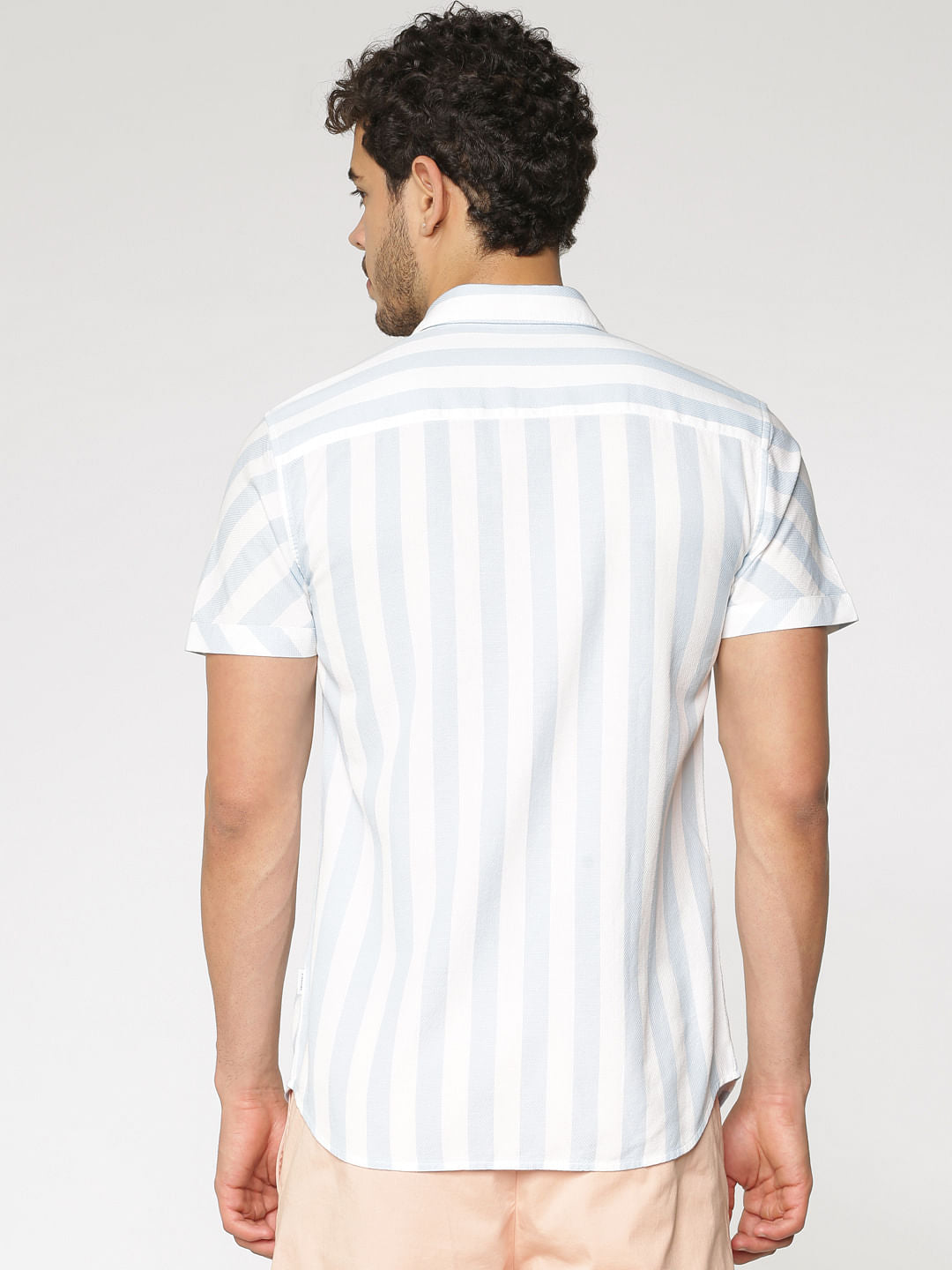 White And Blue Striped Slim Fit Short Sleeves Shirt