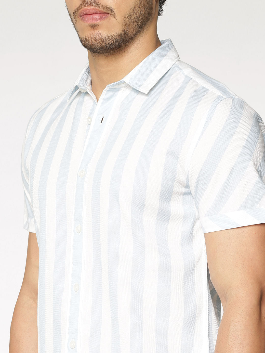 White And Blue Striped Slim Fit Short Sleeves Shirt