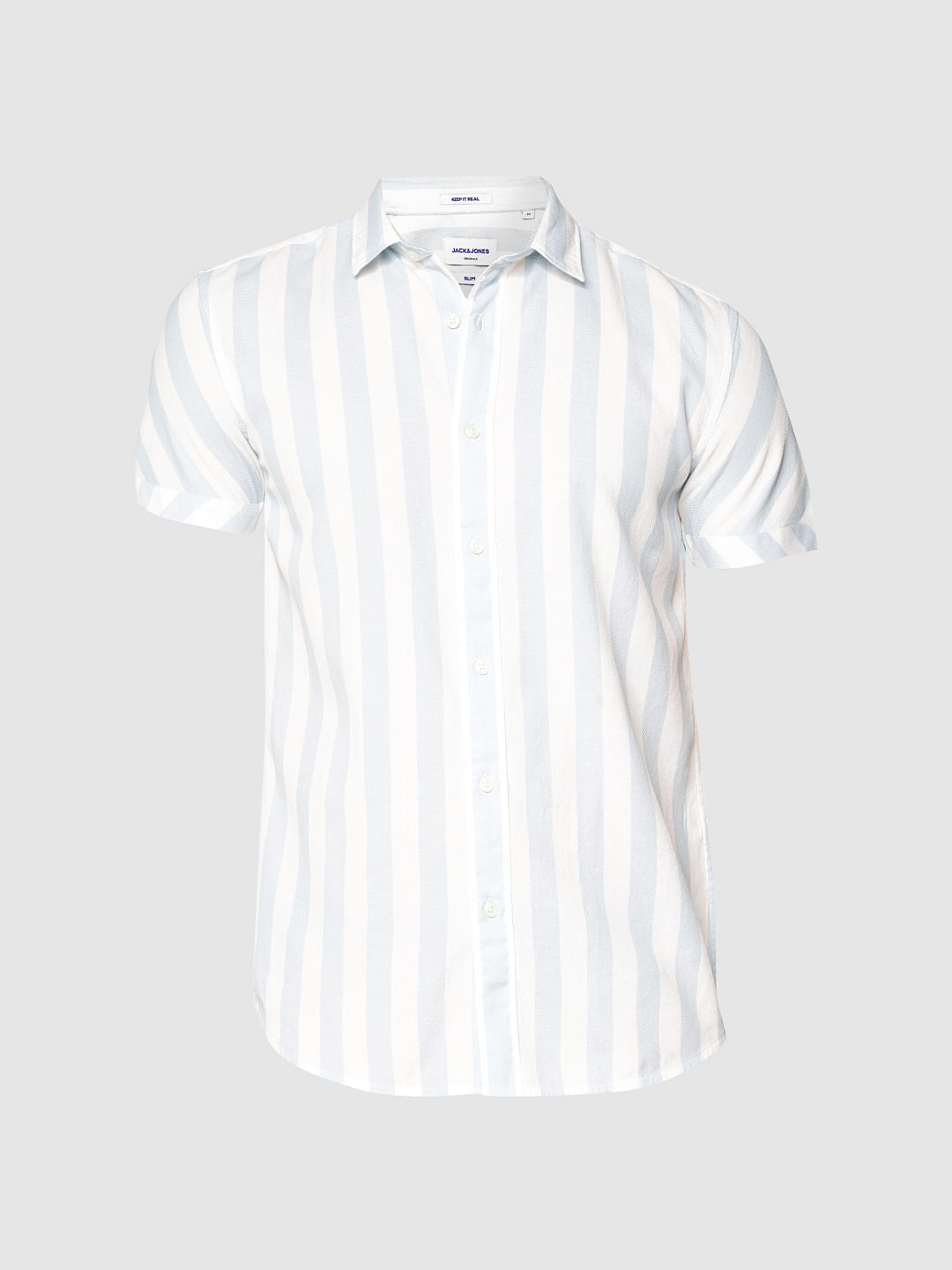 White And Blue Striped Slim Fit Short Sleeves Shirt
