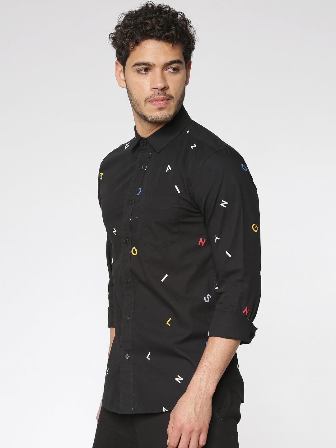Black All Over Alphabet Print Slim Fit Full Sleeves Shirt - S