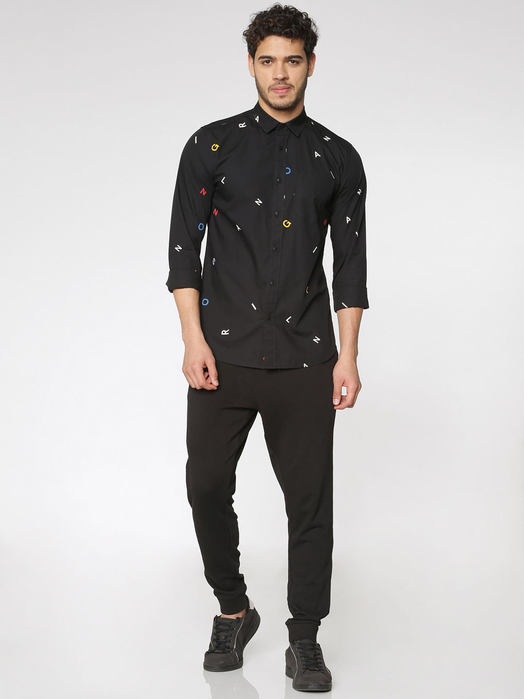 Black All Over Alphabet Print Slim Fit Full Sleeves Shirt