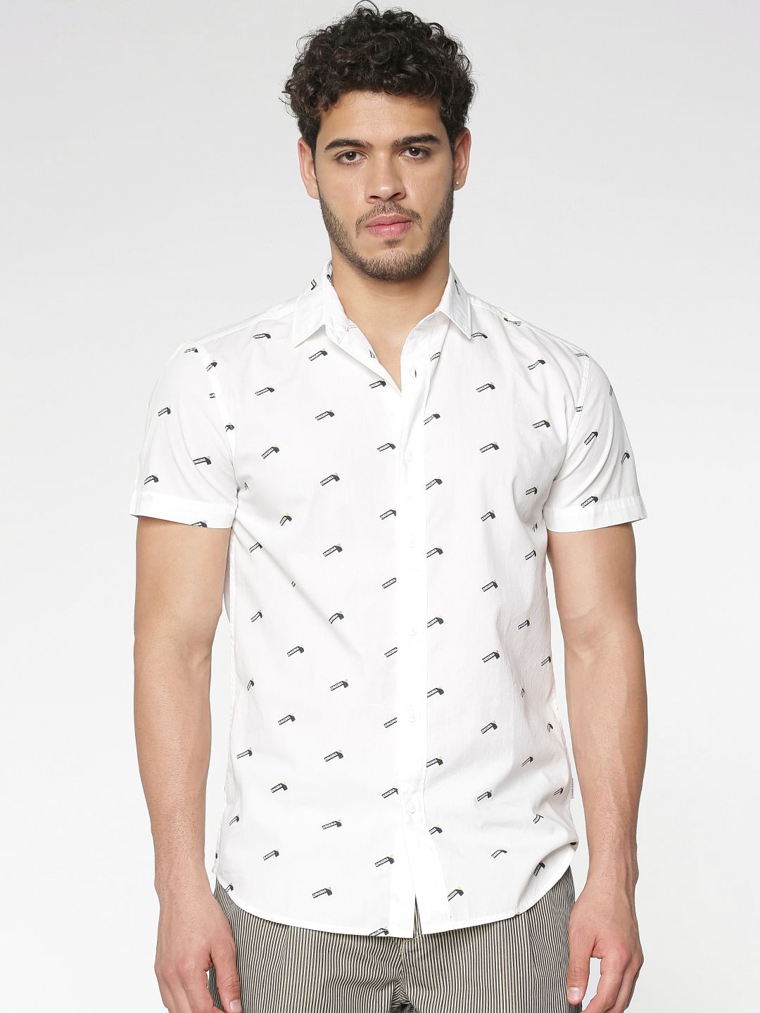 White All Over Flag Print Slim Fit Short Sleeves Shirt - S