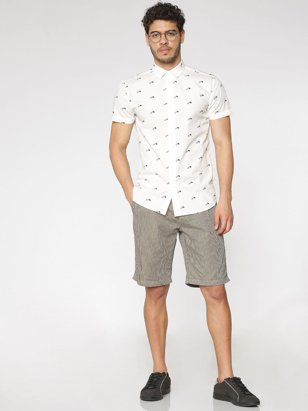 White All Over Flag Print Slim Fit Short Sleeves Shirt