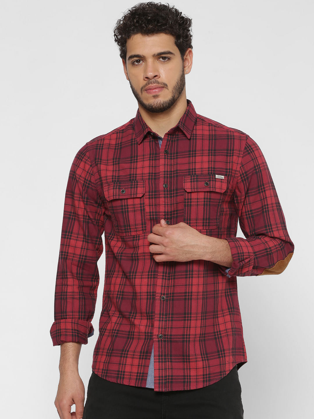 Red Checks Patch Pocket Slim Fit Full Sleeves Shirt