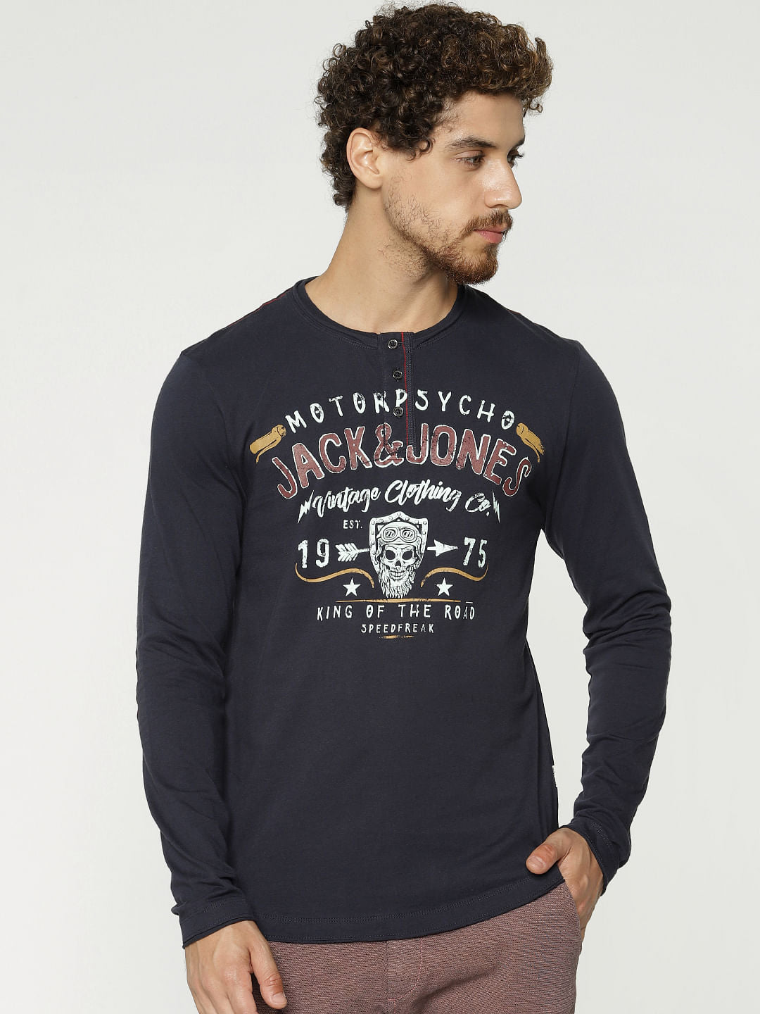 Blue Graphic Print Henley T-Shirt