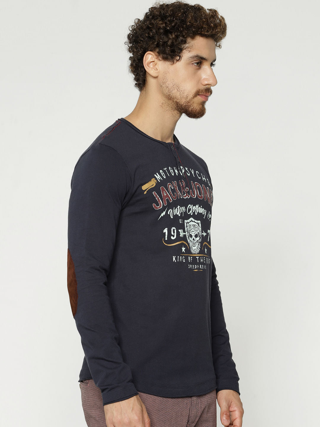 Blue Graphic Print Henley T-Shirt
