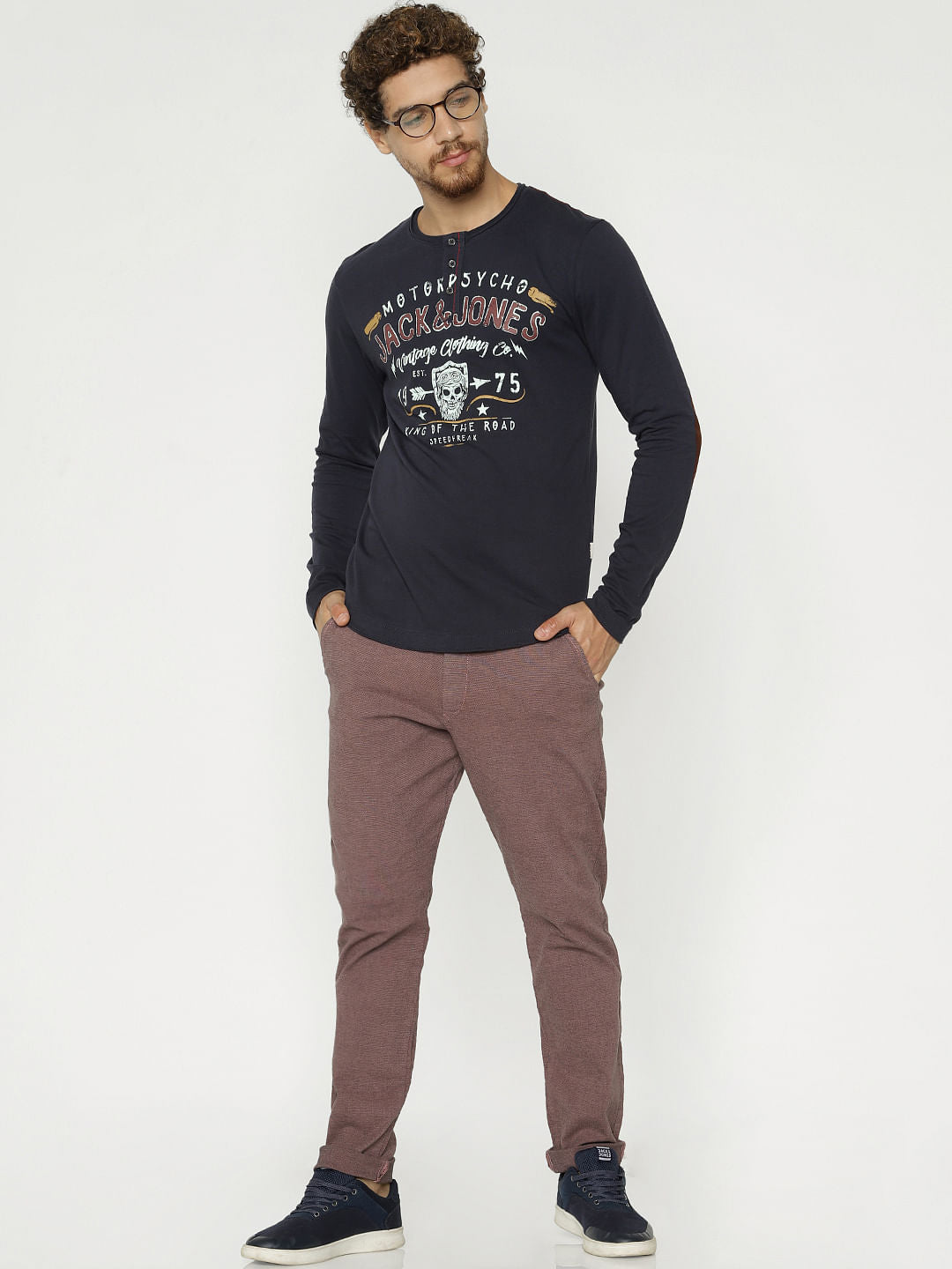 Blue Graphic Print Henley T-Shirt