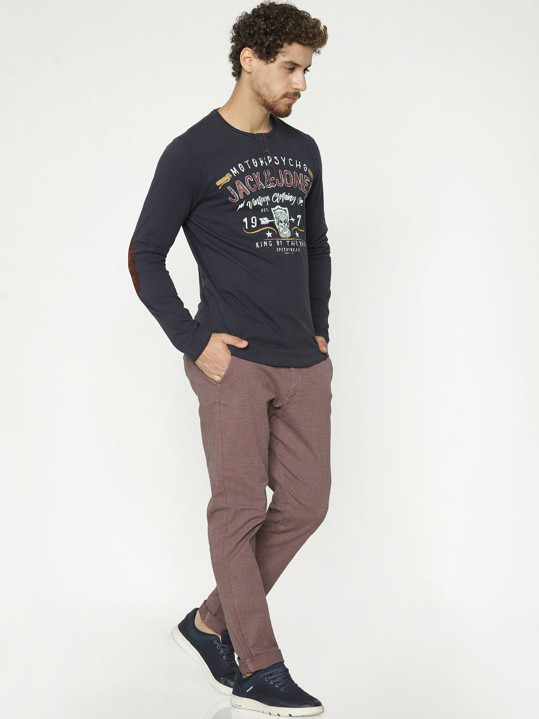 Blue Graphic Print Henley T-Shirt