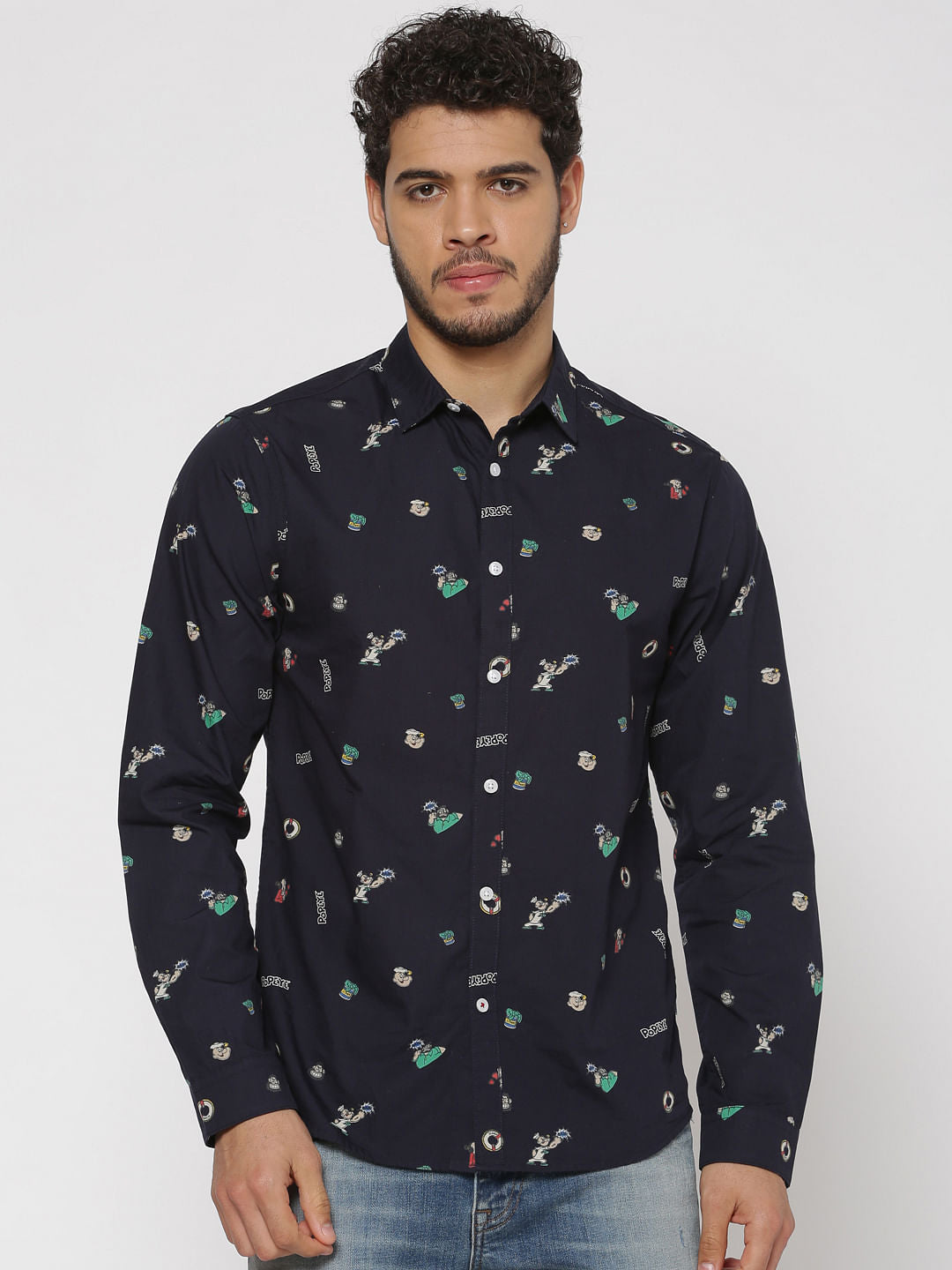 Navy Blue All Over Graphic Print Slim Fit Full Sleeves Shirt