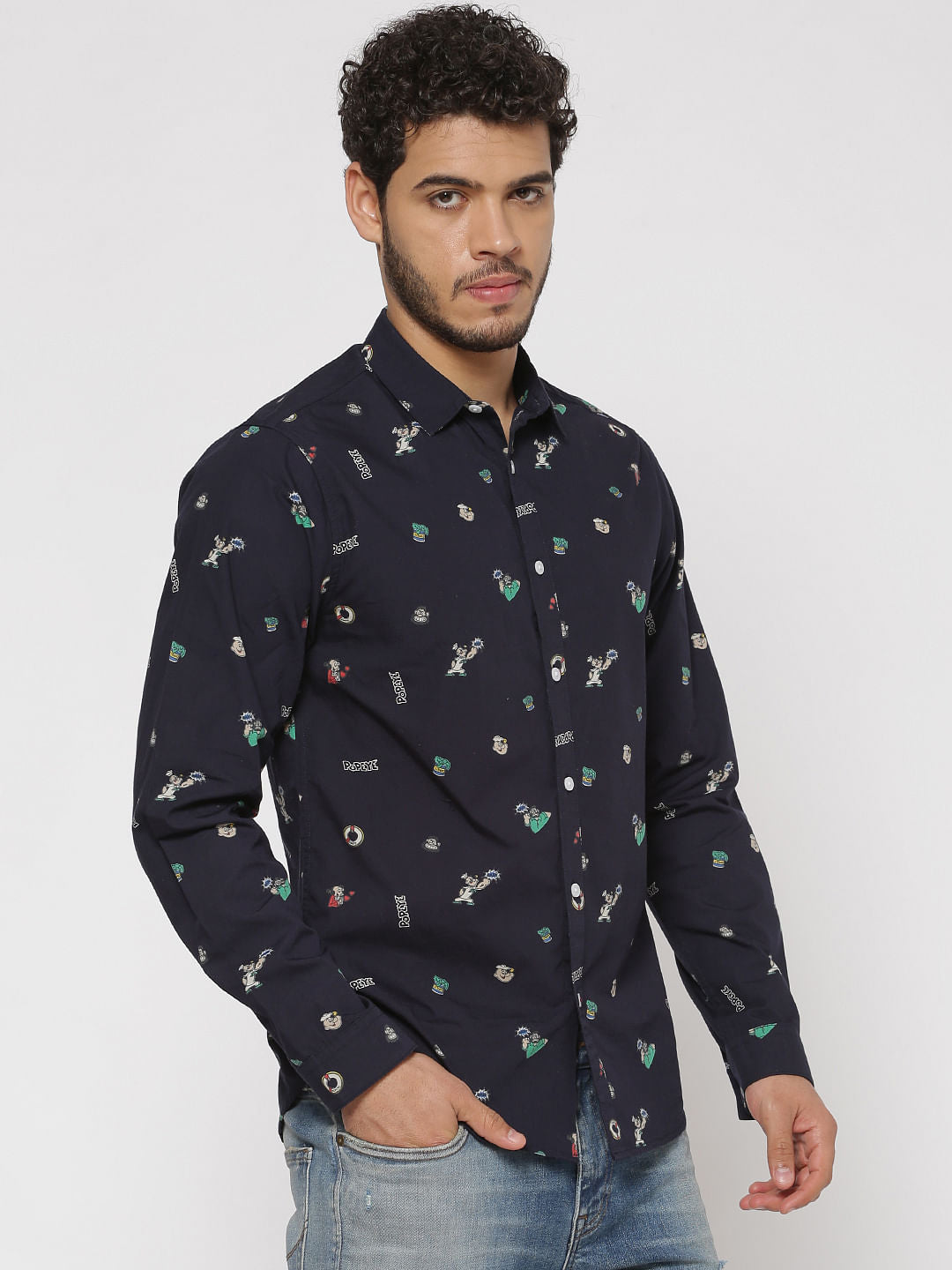 Navy Blue All Over Graphic Print Slim Fit Full Sleeves Shirt