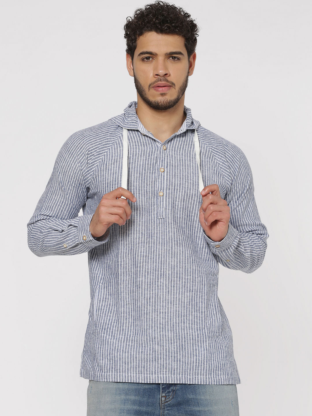 Blue Striped Hooded Slim Fit Full Sleeves Shirt - S