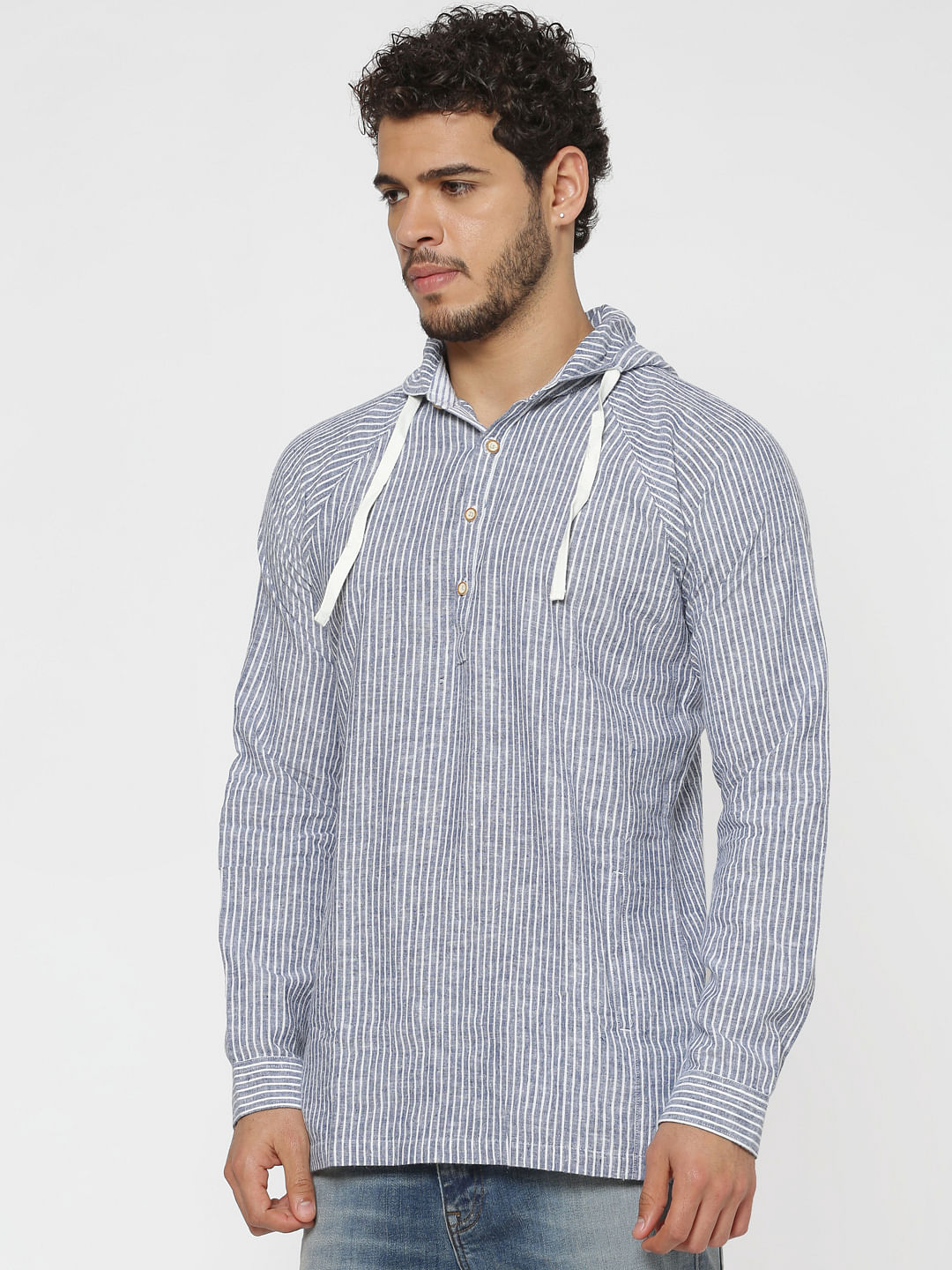 Blue Striped Hooded Slim Fit Full Sleeves Shirt