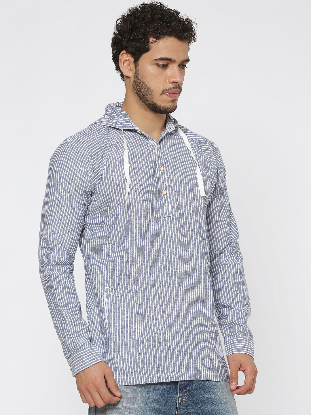 Blue Striped Hooded Slim Fit Full Sleeves Shirt