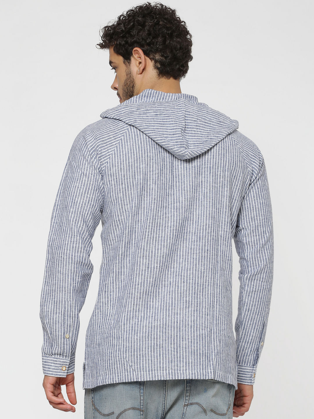 Blue Striped Hooded Slim Fit Full Sleeves Shirt