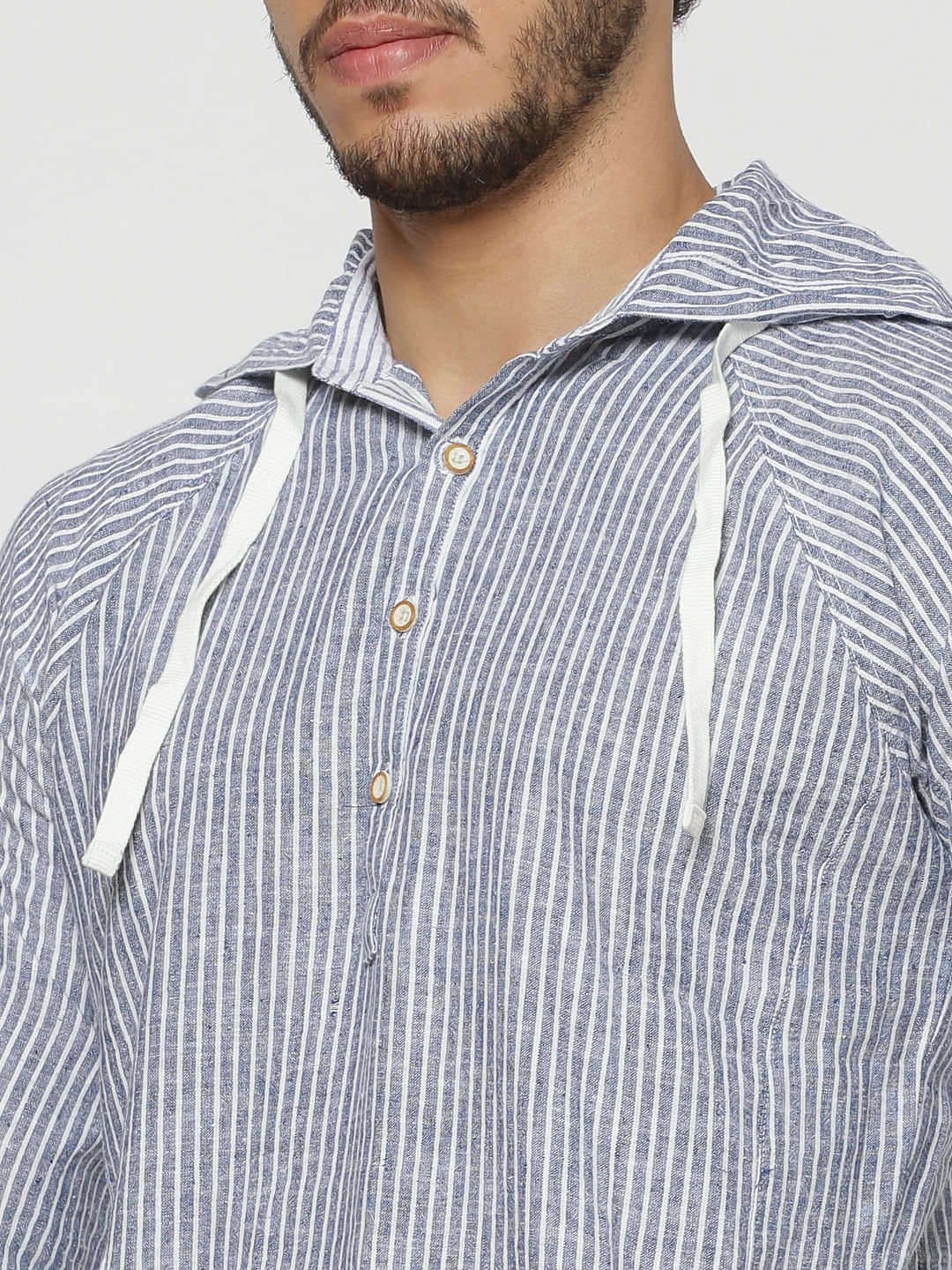 Blue Striped Hooded Slim Fit Full Sleeves Shirt