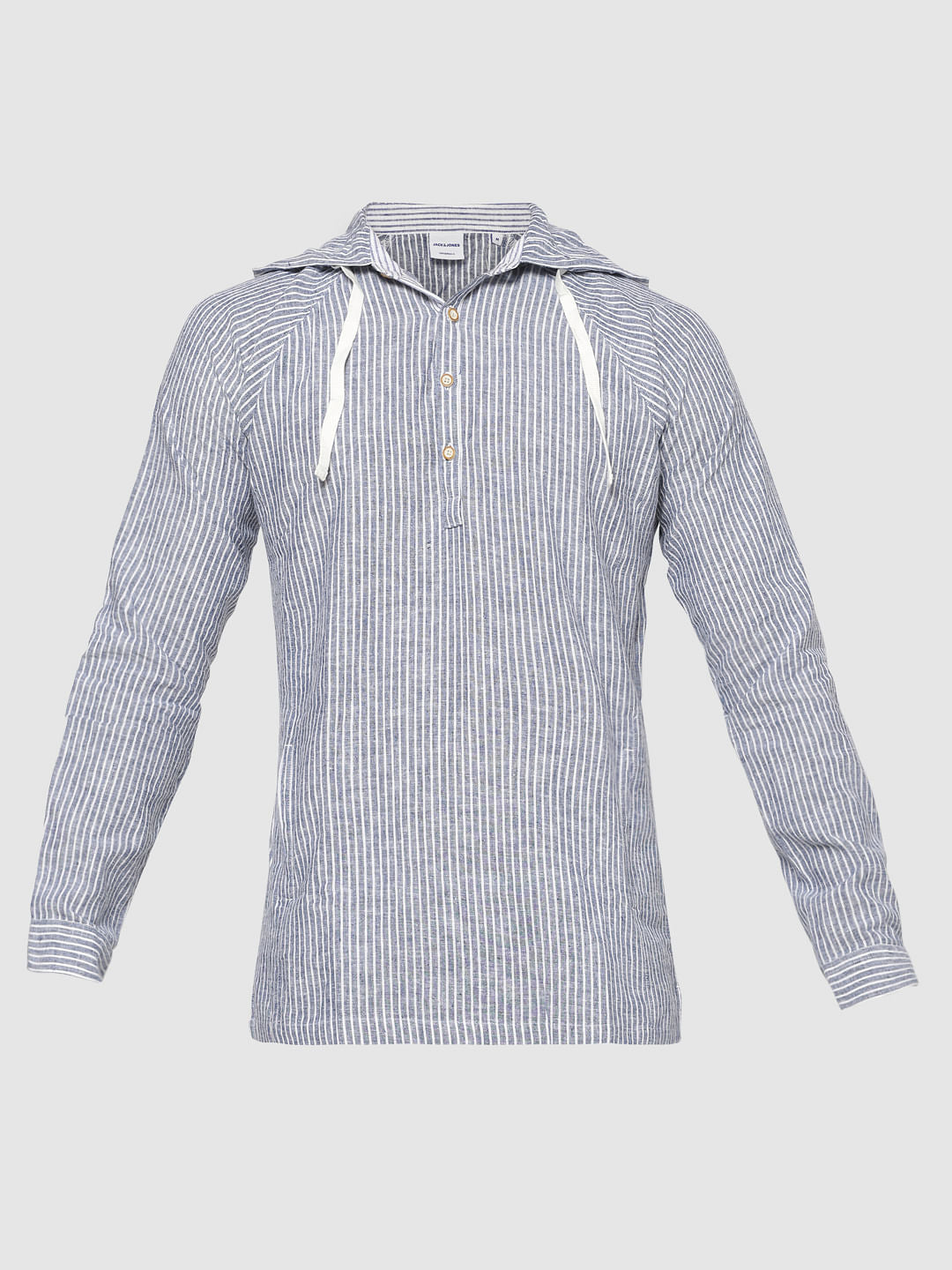 Blue Striped Hooded Slim Fit Full Sleeves Shirt