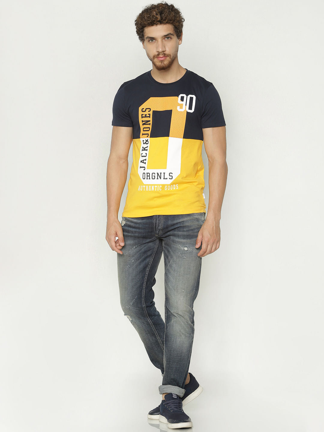 Blue Colour Blocked Crew Neck T-Shirt