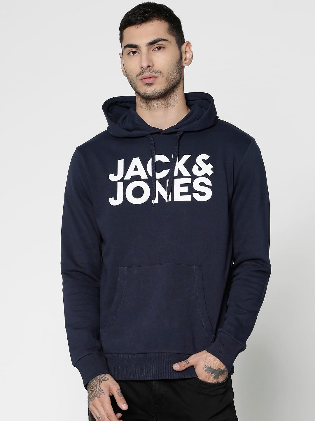 Navy Blue Text Print Hooded Sweatshirt